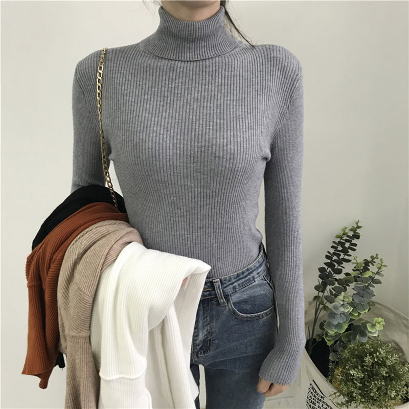 Knitted Women High Neck Sweater Pullovers Turtleneck Autumn Winter Basic Women Sweaters Slim Fit Black