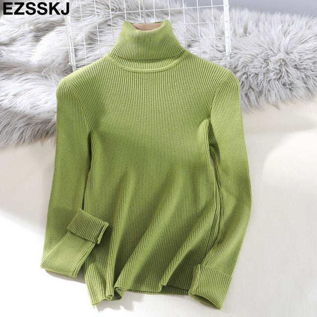 Knitted Women High Neck Sweater Pullovers Turtleneck Autumn Winter Basic Women Sweaters Slim Fit Black