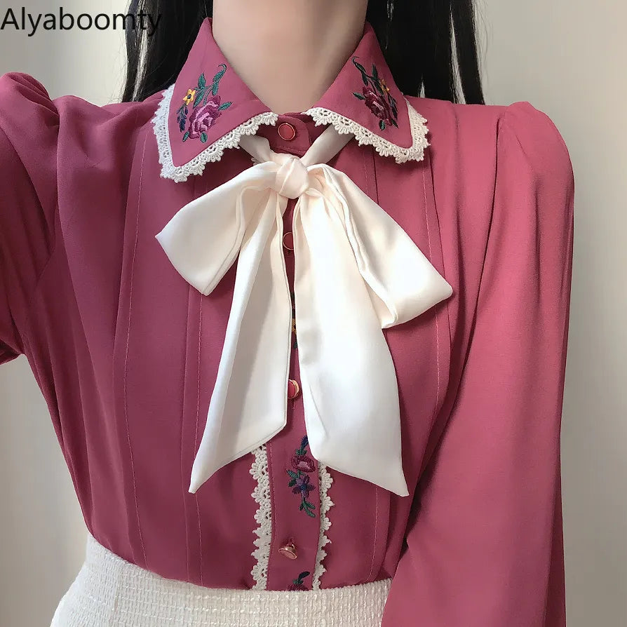 Korean Chic Spring Autumn Women Gorgeous Blouse Turn-Down Collar Floral Embroidery Chiffon Blusas Vintage Elegant Bow Lady Shirt