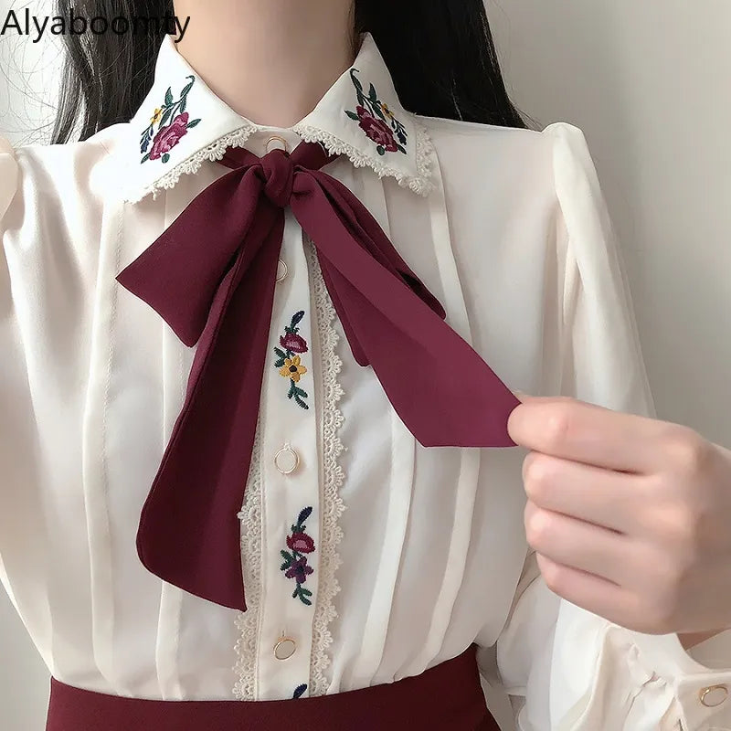Korean Chic Spring Autumn Women Gorgeous Blouse Turn-Down Collar Floral Embroidery Chiffon Blusas Vintage Elegant Bow Lady Shirt