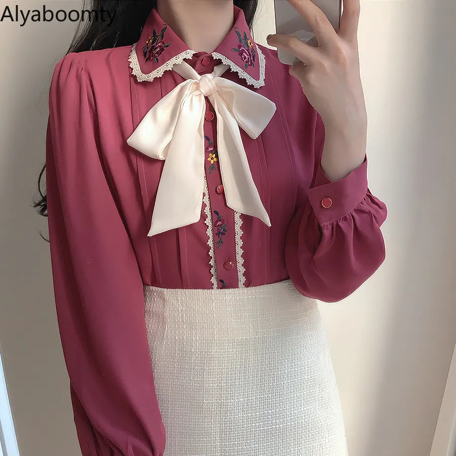 Korean Chic Spring Autumn Women Gorgeous Blouse Turn-Down Collar Floral Embroidery Chiffon Blusas Vintage Elegant Bow Lady Shirt