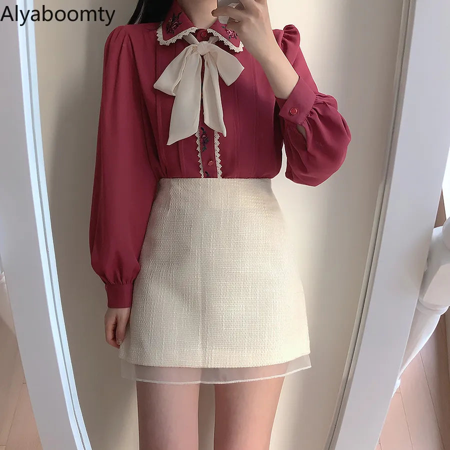 Korean Chic Spring Autumn Women Gorgeous Blouse Turn-Down Collar Floral Embroidery Chiffon Blusas Vintage Elegant Bow Lady Shirt