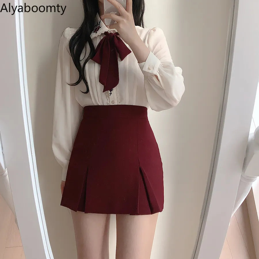 Korean Chic Spring Autumn Women Gorgeous Blouse Turn-Down Collar Floral Embroidery Chiffon Blusas Vintage Elegant Bow Lady Shirt