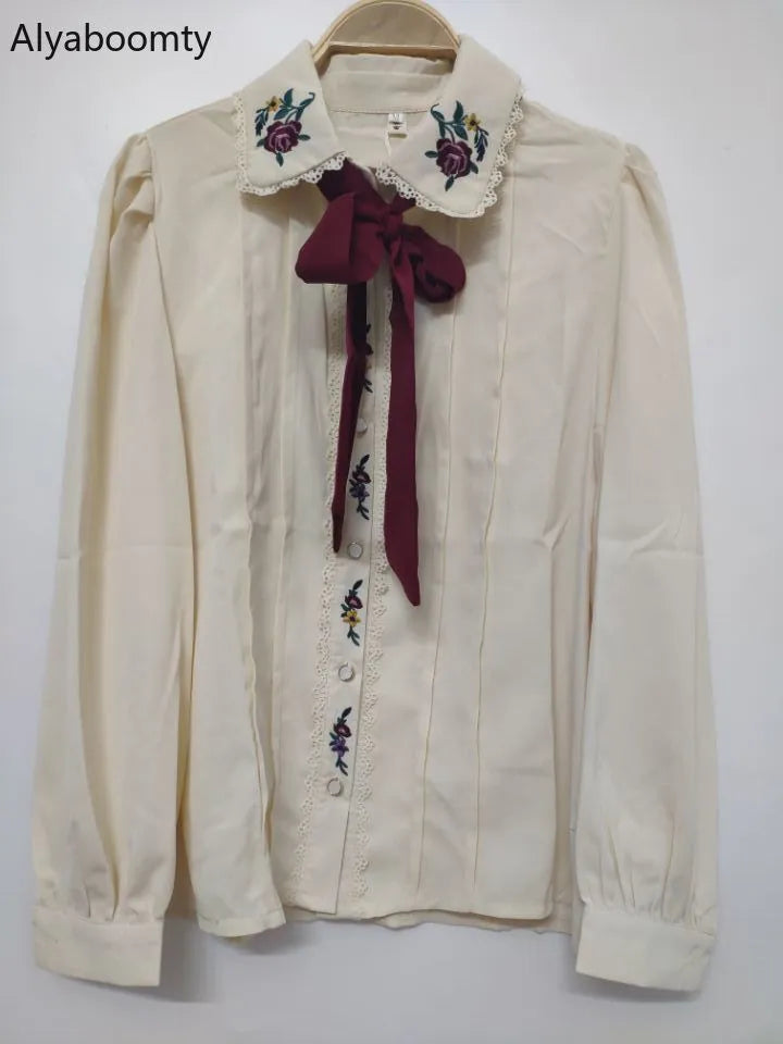 Korean Chic Spring Autumn Women Gorgeous Blouse Turn-Down Collar Floral Embroidery Chiffon Blusas Vintage Elegant Bow Lady Shirt