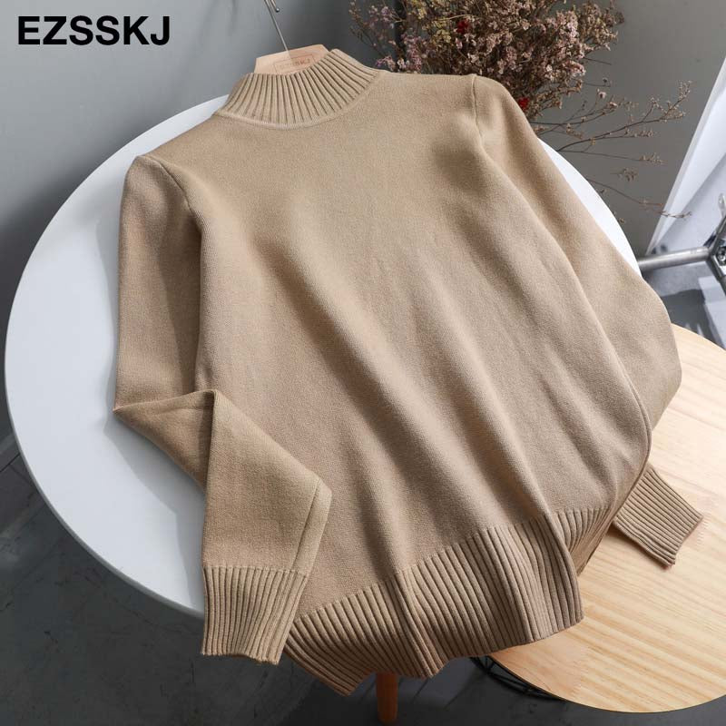 Korean Style Sweater Women Pullover Casual Half Turtleneck Long Sleeve Knit Sweater Female Jumpers Solid Basic Sweater