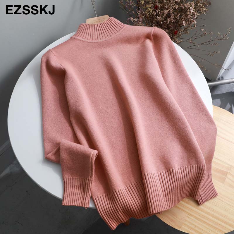Korean Style Sweater Women Pullover Casual Half Turtleneck Long Sleeve Knit Sweater Female Jumpers Solid Basic Sweater