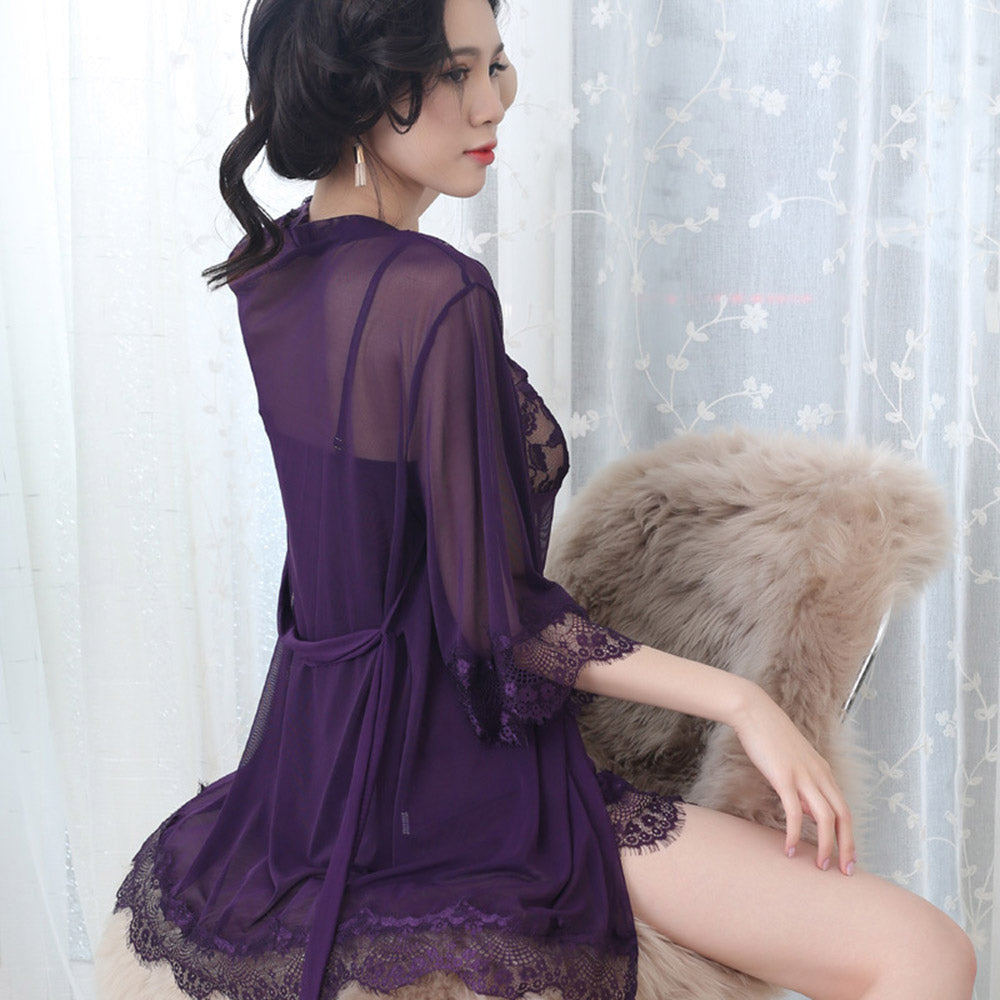 L-U_K Lady Underwear Three Piece Suit Lace Sexy Pajamas Sexy Underwear Perspective Wear Ladies Mesh Gauze Nightdress