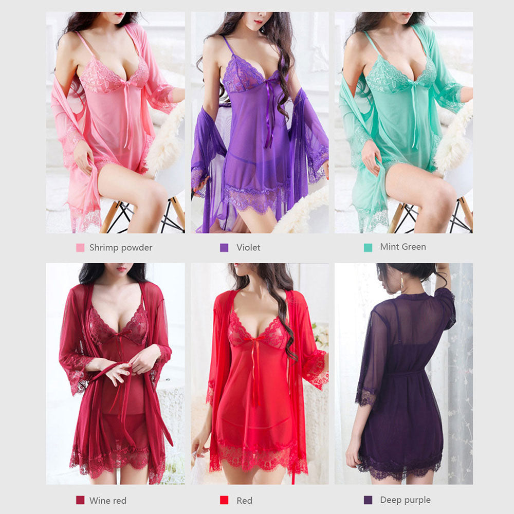 L-U_K Lady Underwear Three Piece Suit Lace Sexy Pajamas Sexy Underwear Perspective Wear Ladies Mesh Gauze Nightdress