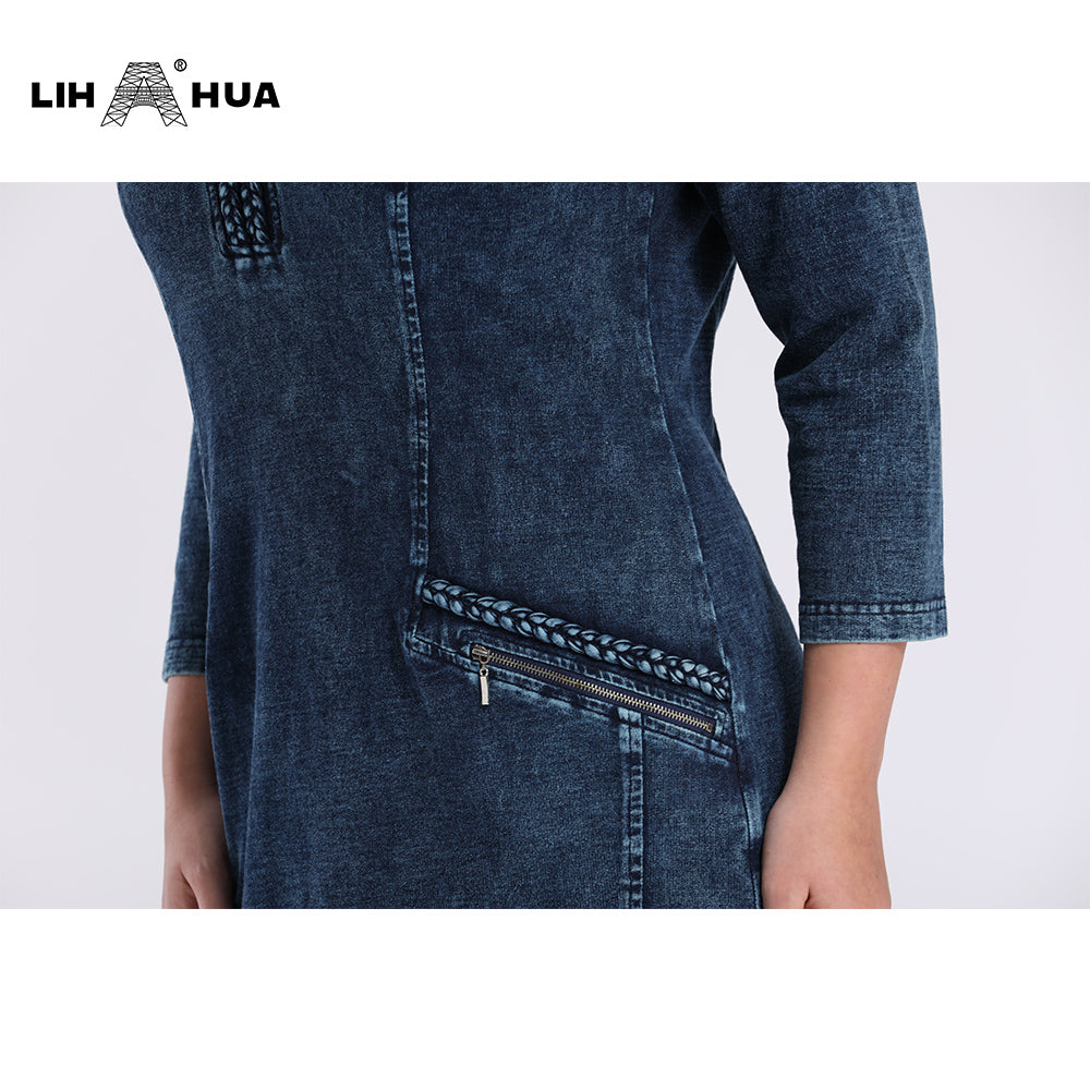 Lih Hua Women'S Plus Size Denim Dress Elasticity  Knitted Denim Dresses Slim Fit Casual Dress Shoulder Pads Midi Dress