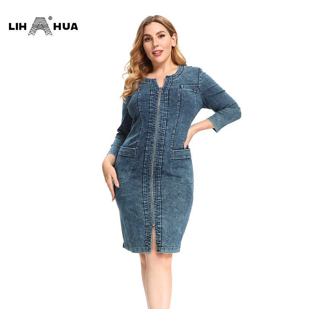 Lih Hua Women'S Plus Size Denim Dress High Flexibility Slim Fit Dress Casual Woven Dress