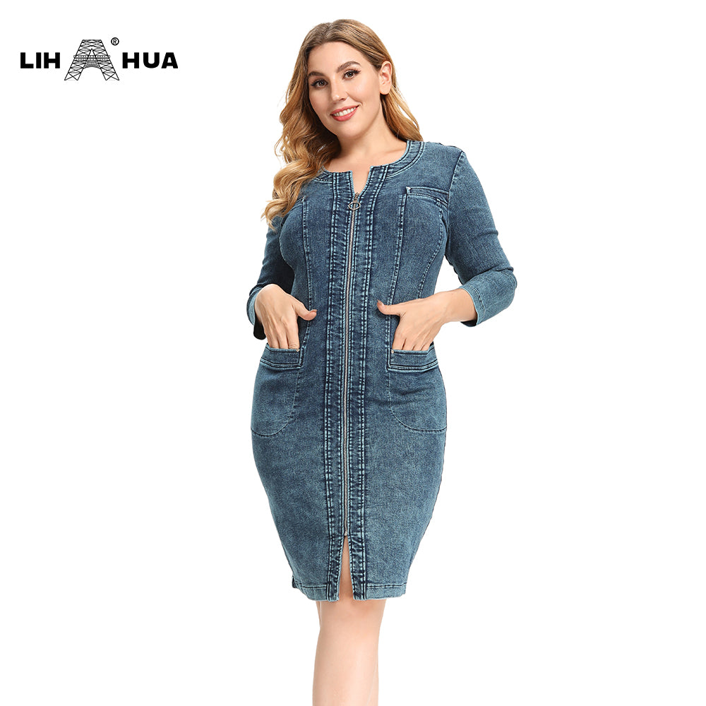 Lih Hua Women'S Plus Size Denim Dress High Flexibility Slim Fit Dress Casual Woven Dress