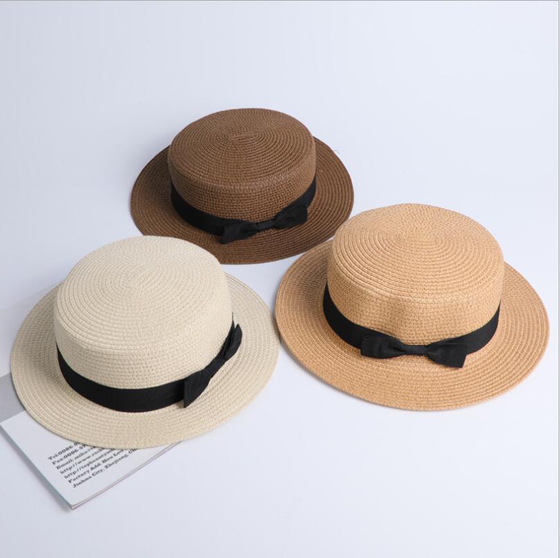 Lady Boater Sun Caps Ribbon Round Flat Top Straw Fedora Panama Hat Summer Hats For Women Straw Hat Snapback Gorras Sun Hats