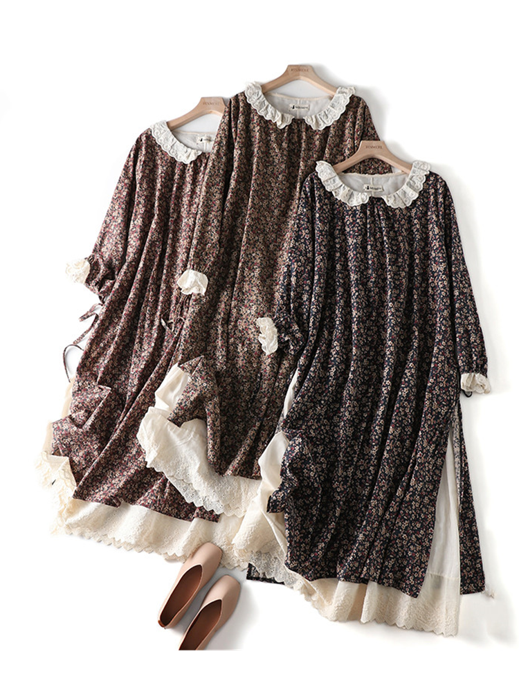 Lamtrip Vintage Japanese Style Lace Peter Pan Collar Long Sleeve Rustic Flowers Print Cotton Layers Dress 2023 New
