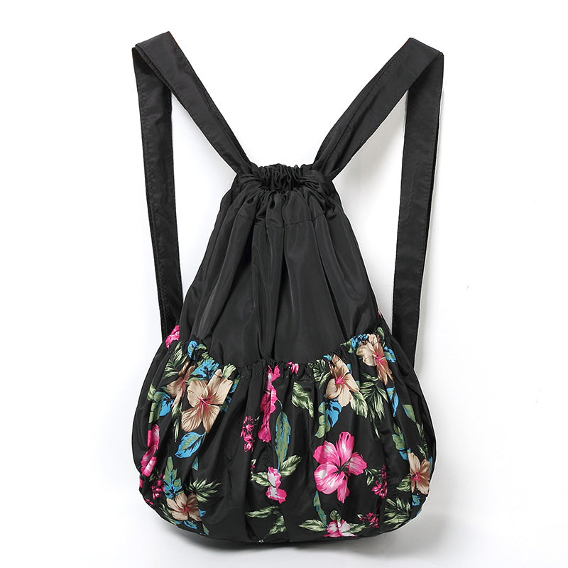 Large Portable Women Drawstring Backpack Lightweight Vintage Print Lady Travel Daypack Waterproof Foldable Shopping Bag