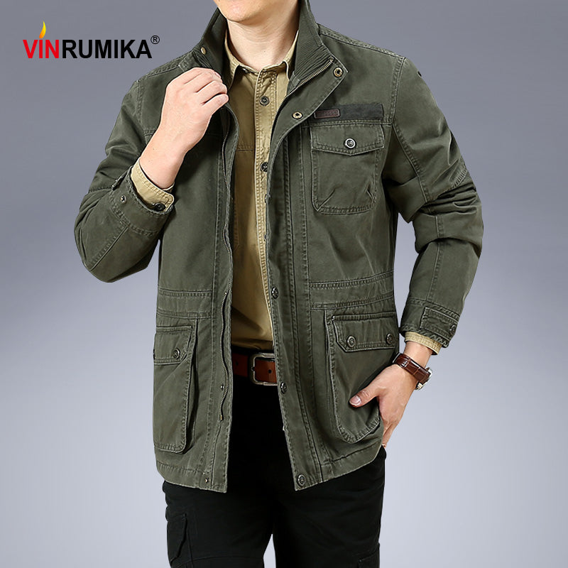 Large Size M-6Xl 2022 Spring Autumn Men'S Military Casual Style 100% Cotton Khaki Loose Mid-Length Jacket Coat Man Black Jackets