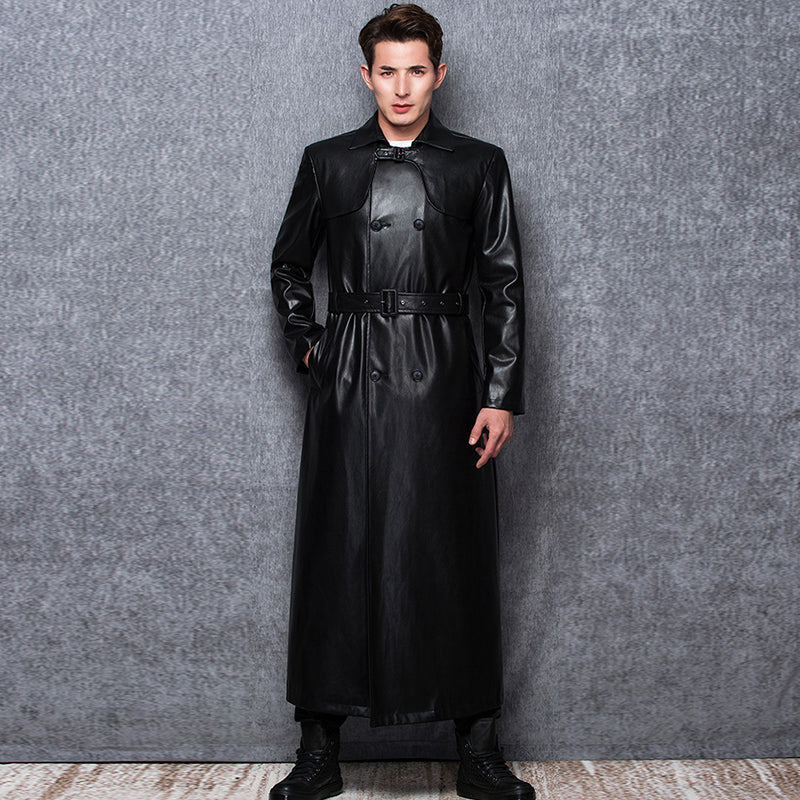 Lautaro Long Black Leather Trench Coat Men Long Sleeve Double Breasted Spring Autumn Plus Size Pu Leather Mens Clothing 6Xl 7Xl