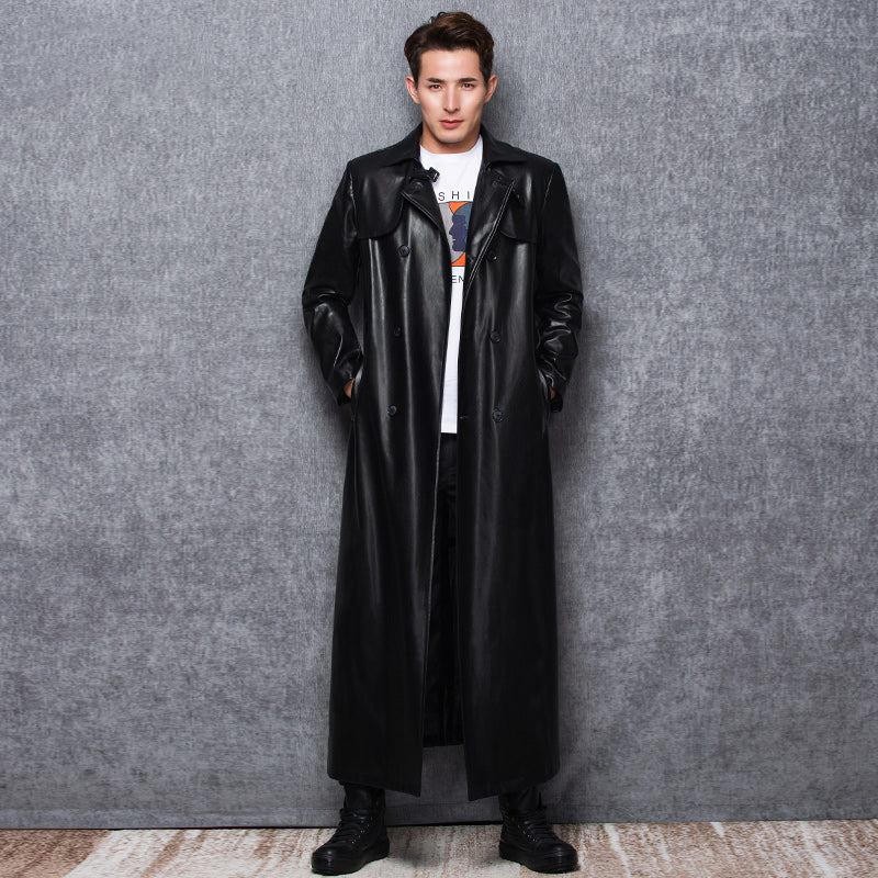 Lautaro Long Black Leather Trench Coat Men Long Sleeve Double Breasted Spring Autumn Plus Size Pu Leather Mens Clothing 6Xl 7Xl
