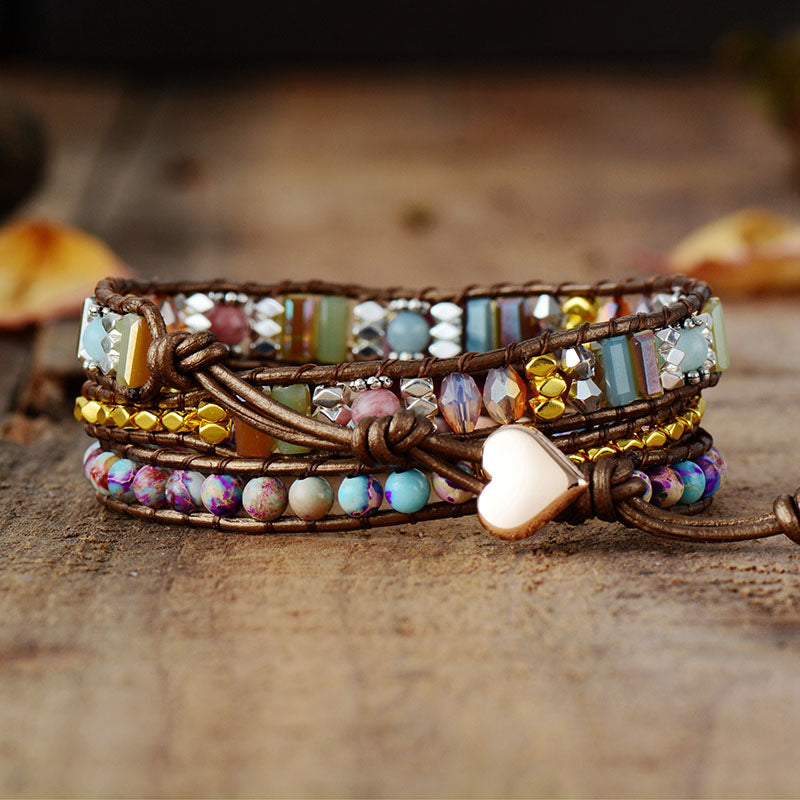 Leather Wrap Bracelet W/ Stones Multi Color Natural Beads Crystal Weaving Statement Art Bracelet Gifts
