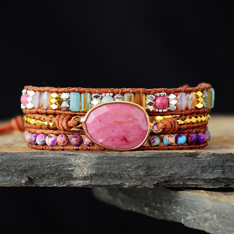 Leather Wrap Bracelet W/ Stones Multi Color Natural Beads Crystal Weaving Statement Art Bracelet Gifts