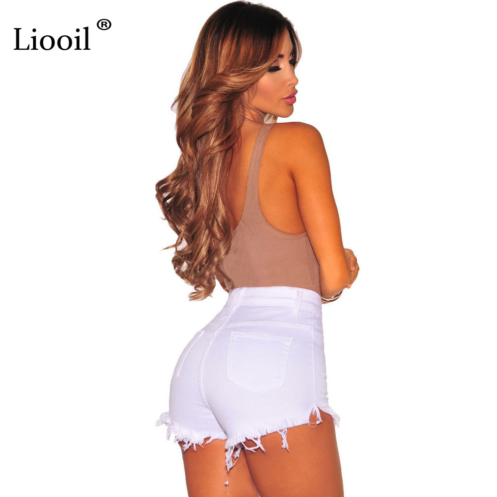 Liooil Black White Red Denim Shorts 2021 Cotton High Waisted Button Pockets Skinny Women Shorts Summer Sexy Jean Shorts