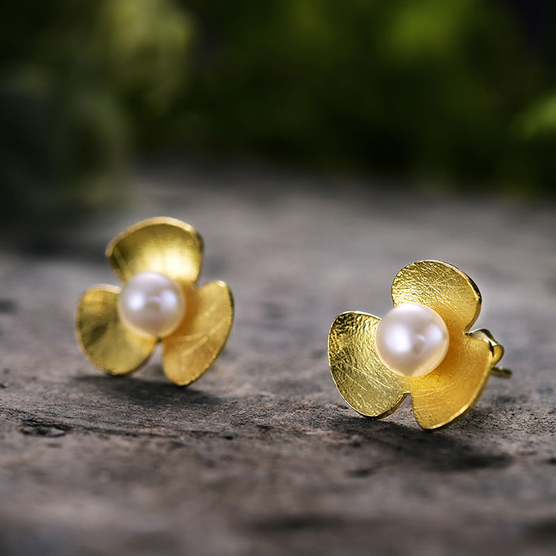 Lotus Fun Real 925 Sterling Silver Natural Pearl Earrings Fine Jewelry 18K Gold Clover Flower Stud Earrings For Women Brincos