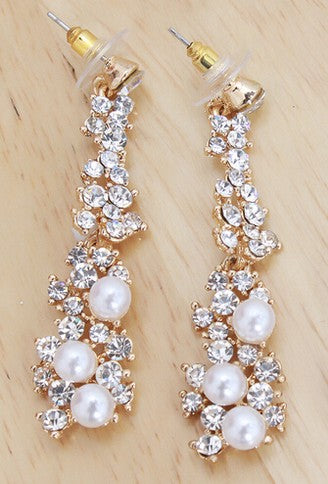 Luxury Cz Rhinestone Paved Earrings Vintage Exaggerated Bridal Long Drop Pearl Earrings For Wedding Brides Jewelry Ear Clips