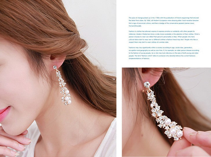 Luxury Cz Rhinestone Paved Earrings Vintage Exaggerated Bridal Long Drop Pearl Earrings For Wedding Brides Jewelry Ear Clips