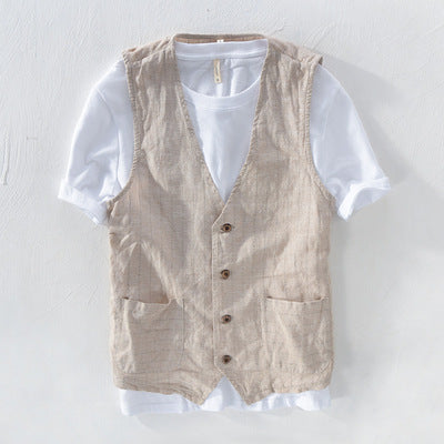 Mans Vintage Linen Suit Vest Slim Material 55%Linen + 45%Cotton Vest Male Casual Striped Thin Waistcoat Vest Asian Size M-3Xl
