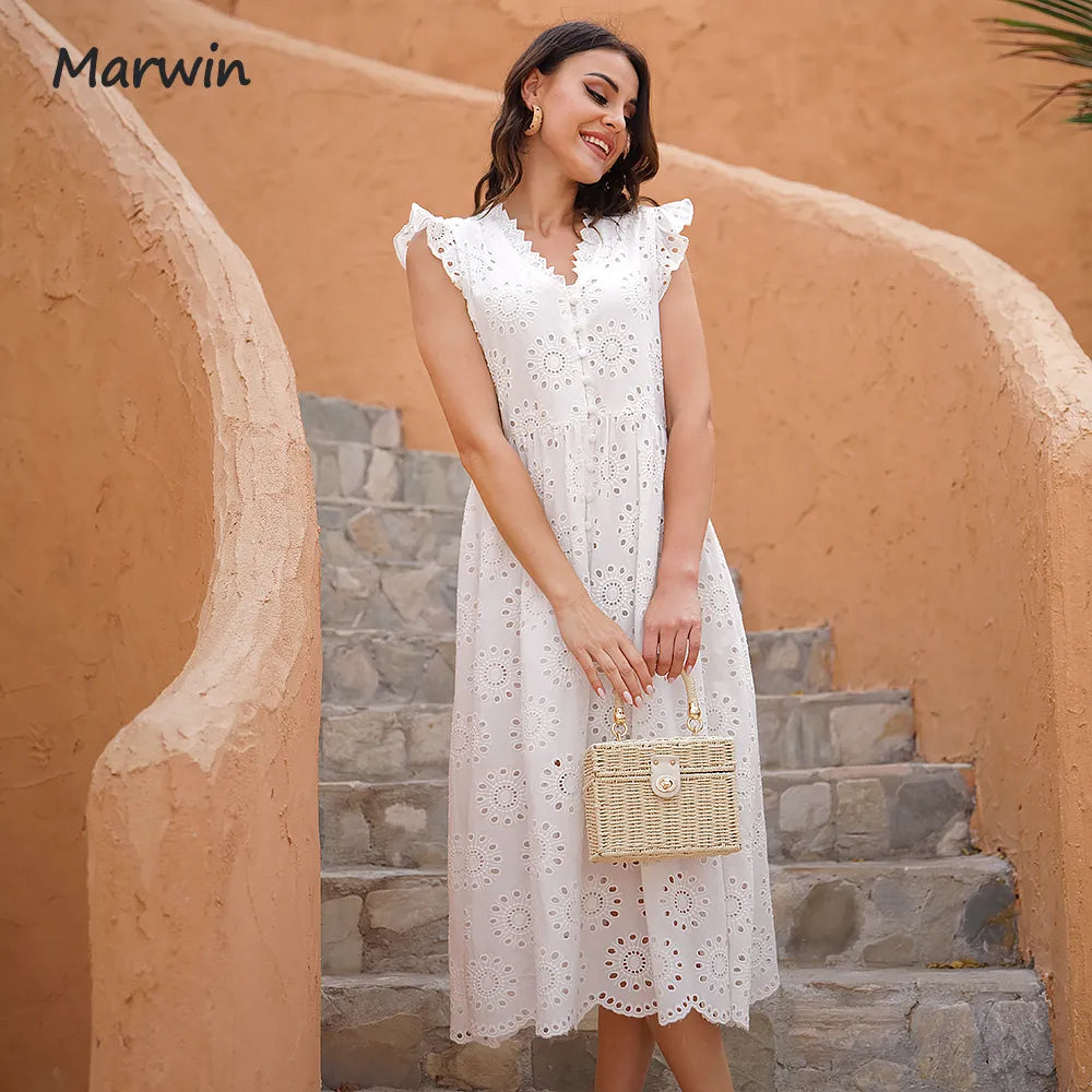 Marwin Long Simple Casual Solid Hollow Out Pure Cotton Holiday Style High Waist Fashion Mid-Calf Summer Dresses New Vestidos