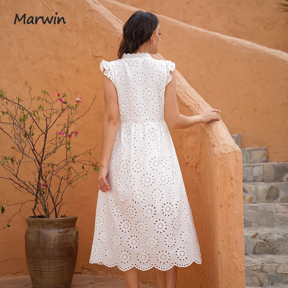 Marwin Long Simple Casual Solid Hollow Out Pure Cotton Holiday Style High Waist Fashion Mid-Calf Summer Dresses New Vestidos