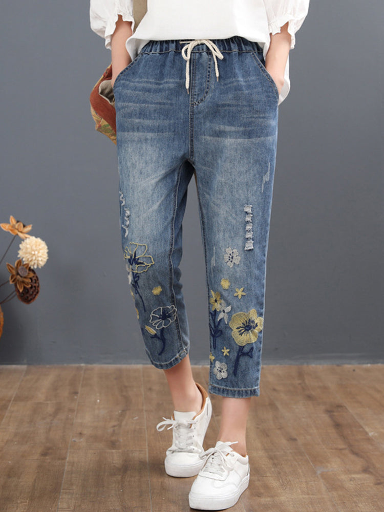 Max Lulu 2022 Chinese Summer Fashion Style Ladies Vintage Embroidery Jeans Women Casual Floral Denim Trousers Ripped Harem Pants