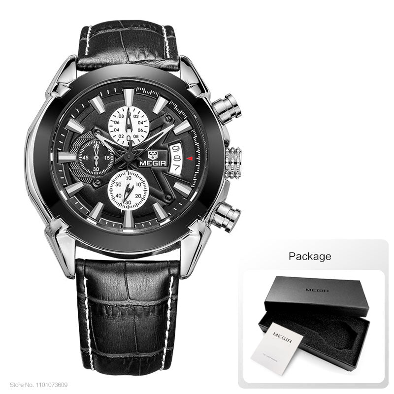 Megir Leather Watch Men 2019 Top Brand Luxury Quartz Watch Military Chronograph Waterproof Watches Reloj Relogio Masculino 2020