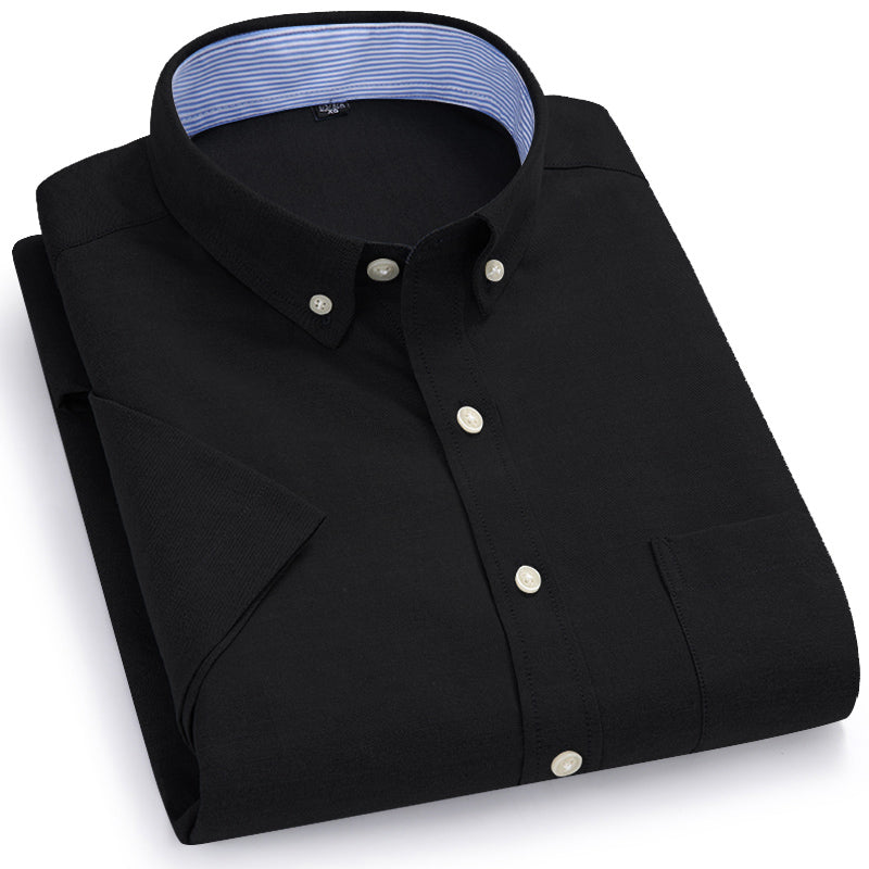 Men Oxford Fabric Shirts Turn Down Collar Front Pocket Button Short Sleeve Solid Color Summer Smart Casual Shirts Dress