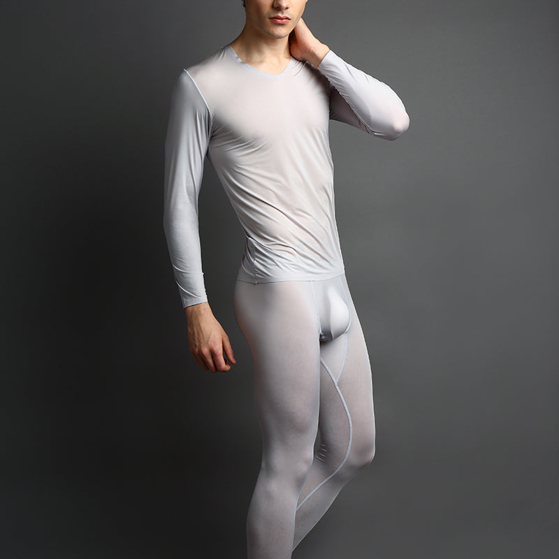 Men'S Ultra-Thin Ice Silk Seamless Autumn Clothes Nine-Point Suit Sexy Half-Through Underpants