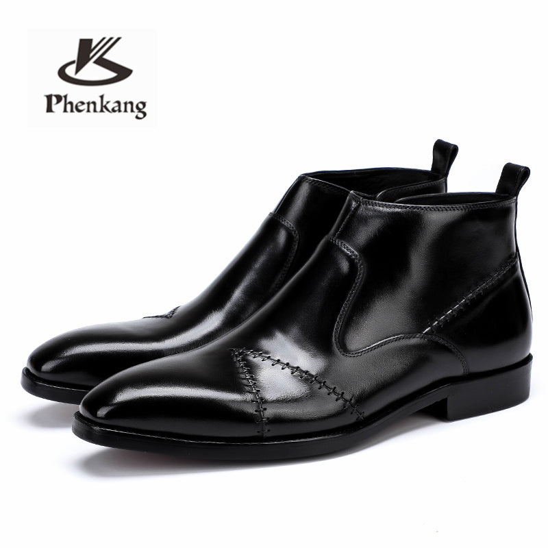 Men Winter Boots Genuine Cow Leather Chelsea Boots Brogue Casual Ankle Flat Shoes Comfortable Quality Slipon Dress Boots 2020