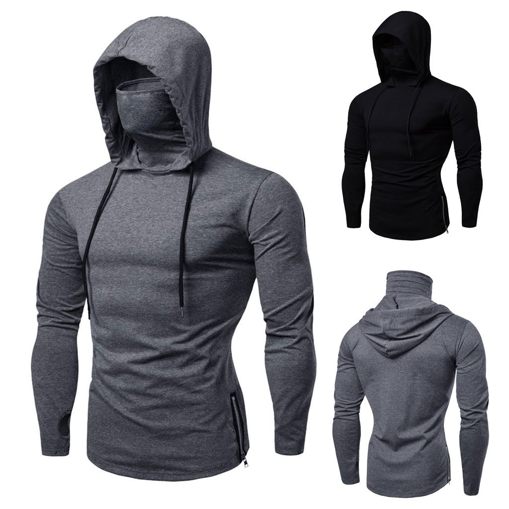 Mens Mask Button Sports Hooded Splice Large Open-Forked Male Long Sleeve Shirts Running Hoodies Sportswear Gym Sports Hoodies