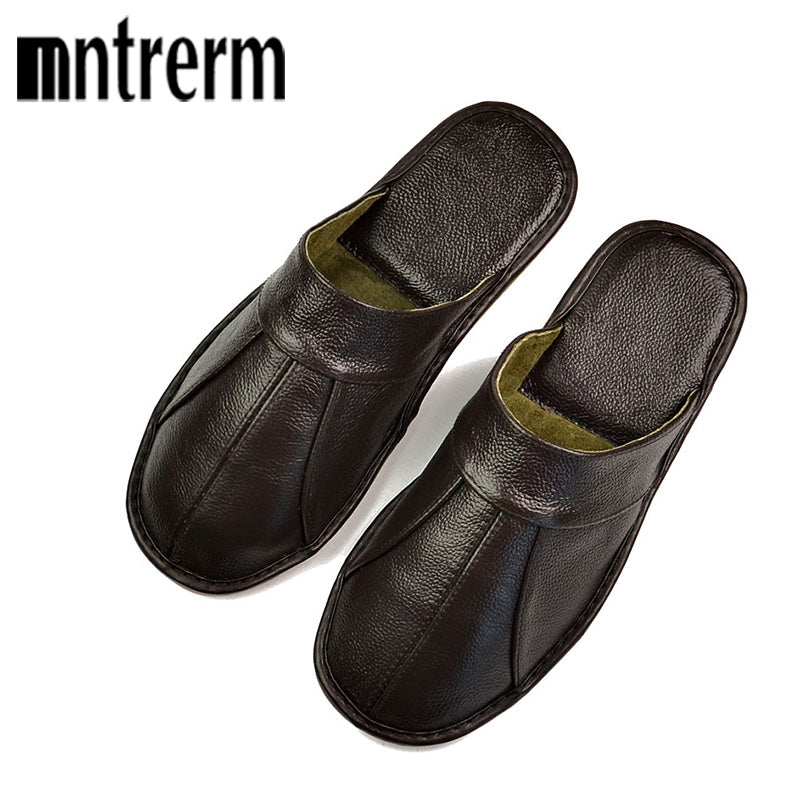 Mntrerm Spring Slip On Men Slippers Soft Comfortable 100% Cow Leather Handmade Stitches Black Brown Genuine Leather Shoes