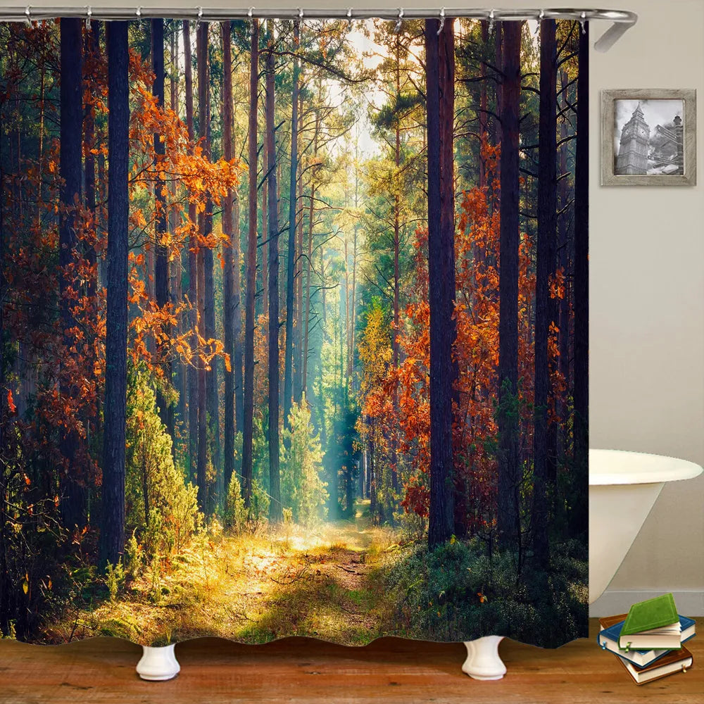 Modern 3D Printing Forest Shower Curtain Green Plant Tree Landscape Bath Curtain With Hooks For Bathroom Waterproof Scenery