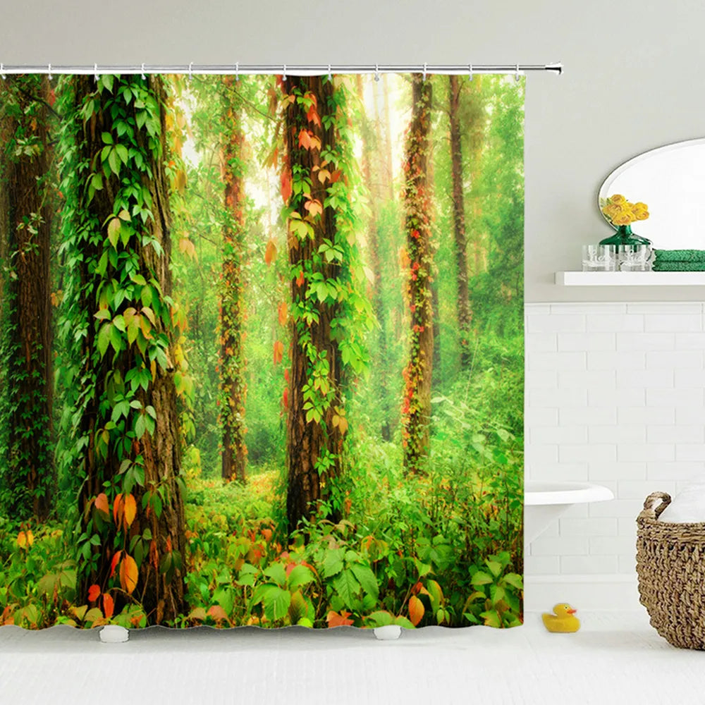 Modern 3D Printing Forest Shower Curtain Green Plant Tree Landscape Bath Curtain With Hooks For Bathroom Waterproof Scenery