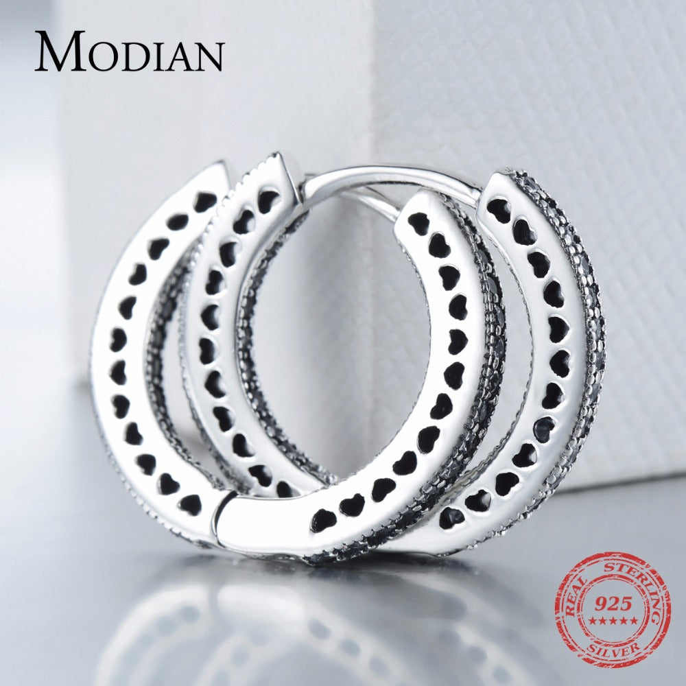 Modian Real 925 Sterling Silver Classic Full Hearts Hoop Earrings Luxury Cubic Zirconia Fashion Jewelry For Women Wedding Gift