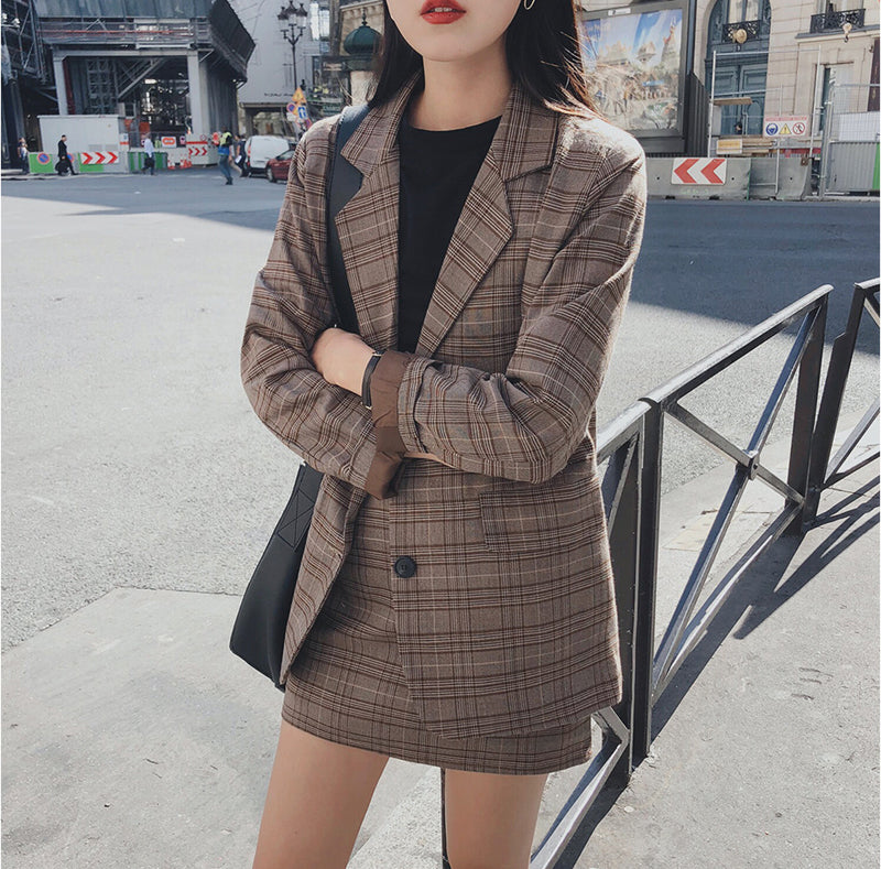 Mozuleva 2022 Retro Plaid Blazer Set Single-Breasted Jacket & Pencil Skirt 2 Pieces Skirt Suit Female Office Ladies Blazer Suit
