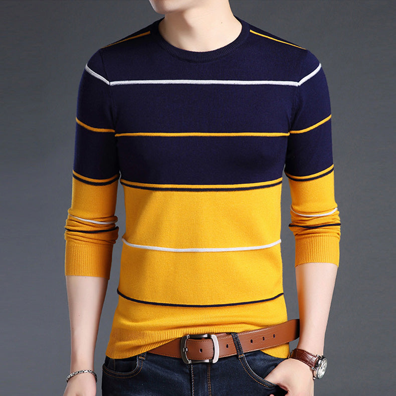 Mwxsd Casual Men Winter O-Neck Striped Pullover Sweaters Slim Fit Knitting Mens Cotton Sweaters High Quality Male Pullovers