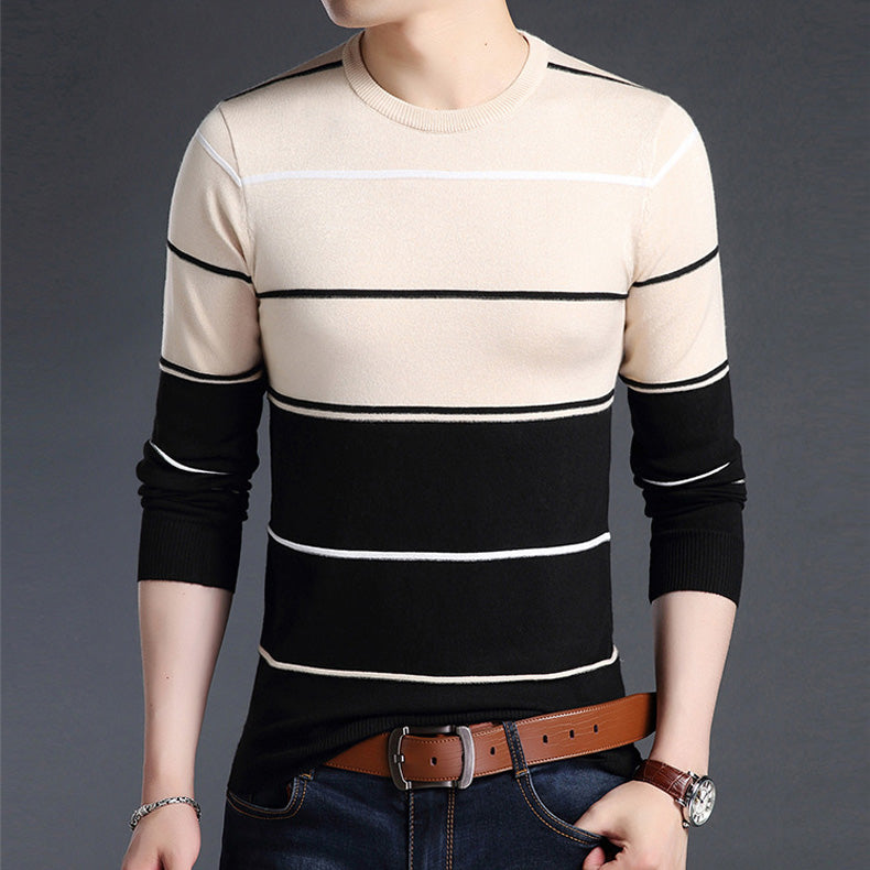 Mwxsd Casual Men Winter O-Neck Striped Pullover Sweaters Slim Fit Knitting Mens Cotton Sweaters High Quality Male Pullovers
