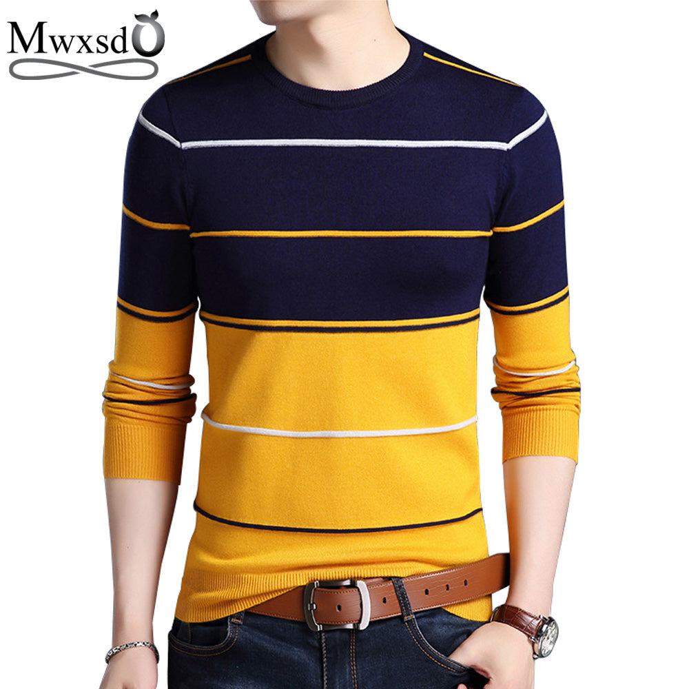 Mwxsd Casual Men Winter O-Neck Striped Pullover Sweaters Slim Fit Knitting Mens Cotton Sweaters High Quality Male Pullovers