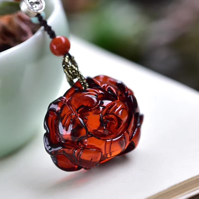 Natural Red Blood Amber Necklace Flower Carved Pendant 26.7X20.2X10.9Mm Fashion Gemstone Women Men Crystal Healing Aaaaa