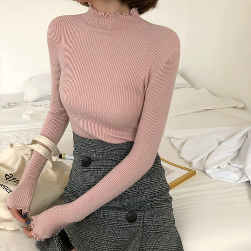 Neploe 2023 Fall Winter Ruffles Sweater Turtleneck Ruched Women Sweaters High Elastic Solid Female Slim Sexy Knitted Pullovers