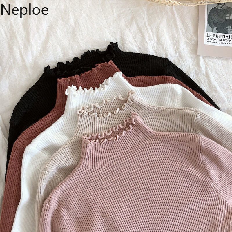 Neploe 2023 Fall Winter Ruffles Sweater Turtleneck Ruched Women Sweaters High Elastic Solid Female Slim Sexy Knitted Pullovers