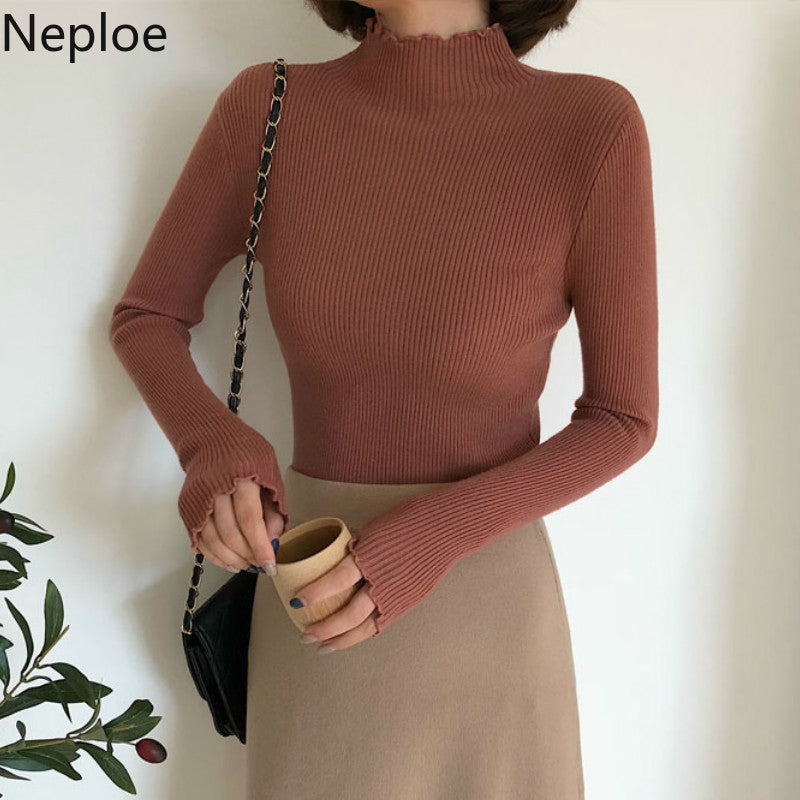 Neploe 2023 Fall Winter Ruffles Sweater Turtleneck Ruched Women Sweaters High Elastic Solid Female Slim Sexy Knitted Pullovers