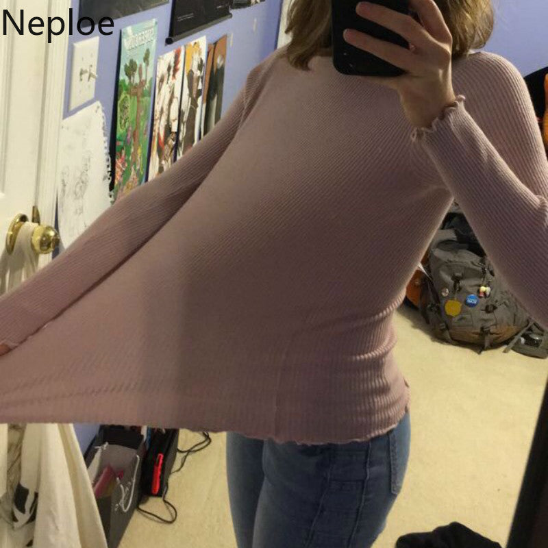 Neploe 2023 Fall Winter Ruffles Sweater Turtleneck Ruched Women Sweaters High Elastic Solid Female Slim Sexy Knitted Pullovers