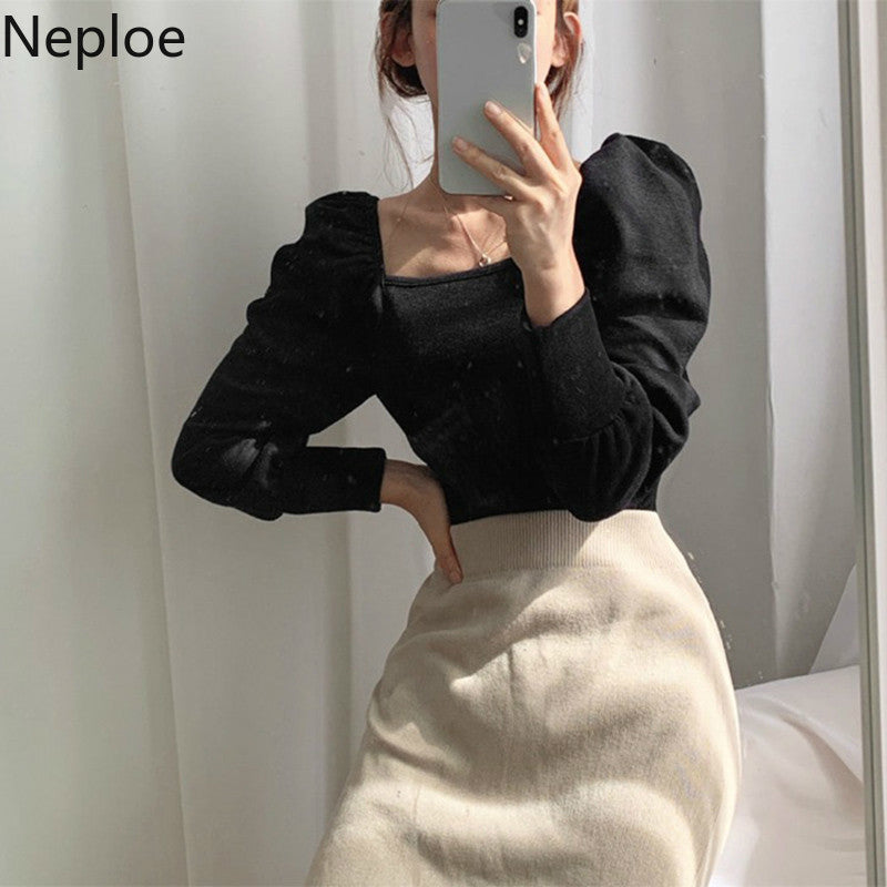 Neploe Chic Square Collar Hollow Out Clavicle T Shirt Slim Fit Pleated Puff Sleeve Solid Blusas Autumn Spring 2023 New Knit Top